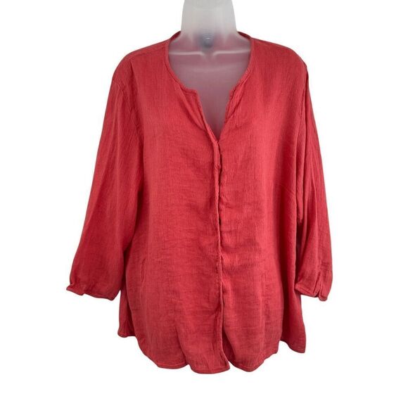 Eileen Fisher System Size 2X Collarless Button Shirt Coral Red Boxy Linen Cotton - Picture 2 of 11